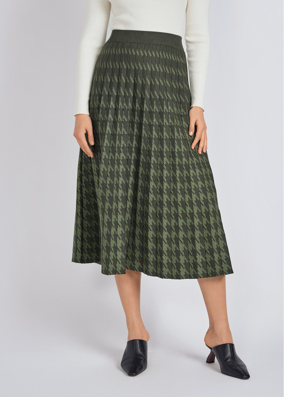 Green Midi Skirt: Houndstooth Knit Pleats | Modest Women Clothing